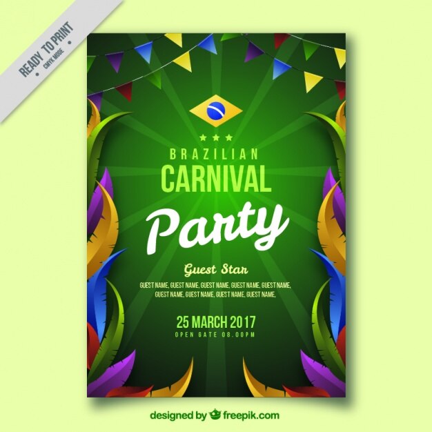 Folleto de carnaval brasileño con plumas y guirnaldas de colores