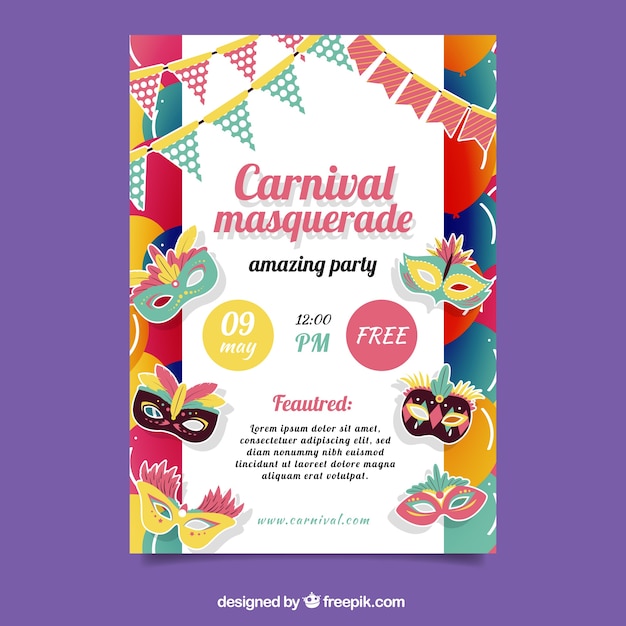 Vector gratuito folleto/cartel plano de fiesta de carnaval