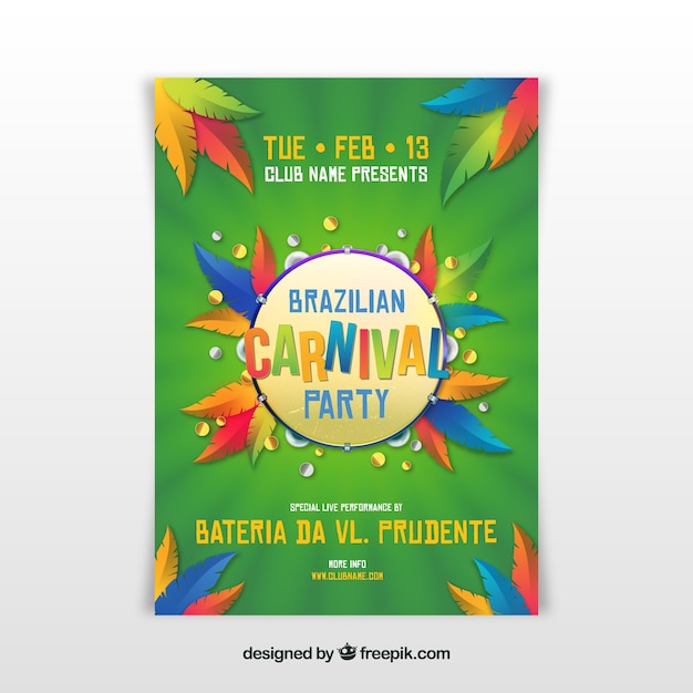 Vector gratuito folleto/cartel realista de fiesta de carnaval brasileño