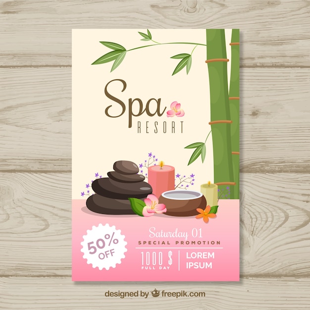 Vector gratuito folleto de centro de spa con bambú en estilo plano