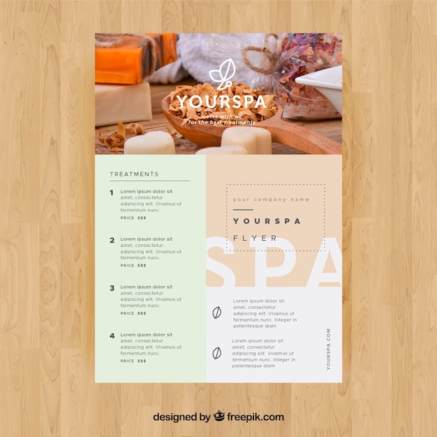 Folleto de centro de spa con información de tratamientosen estilo plano