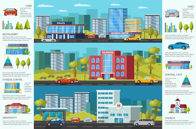 Vector gratuito folleto de colorido paisaje urbano con edificios municipales modernos, árboles y automóviles verdes