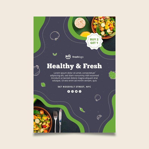 Folleto de comida bio y saludable con foto.