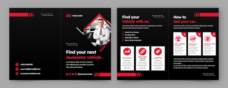 Vector gratuito folleto de concesionario de automóviles de diseño plano
