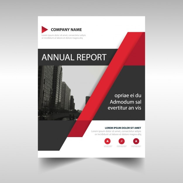 Folleto corporativo rojo con formas geométricas