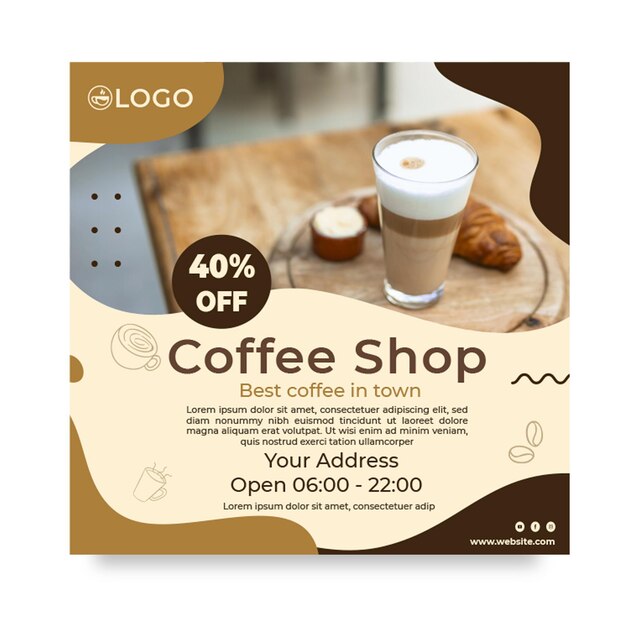 Folleto cuadrado de cafetería con descuento.
