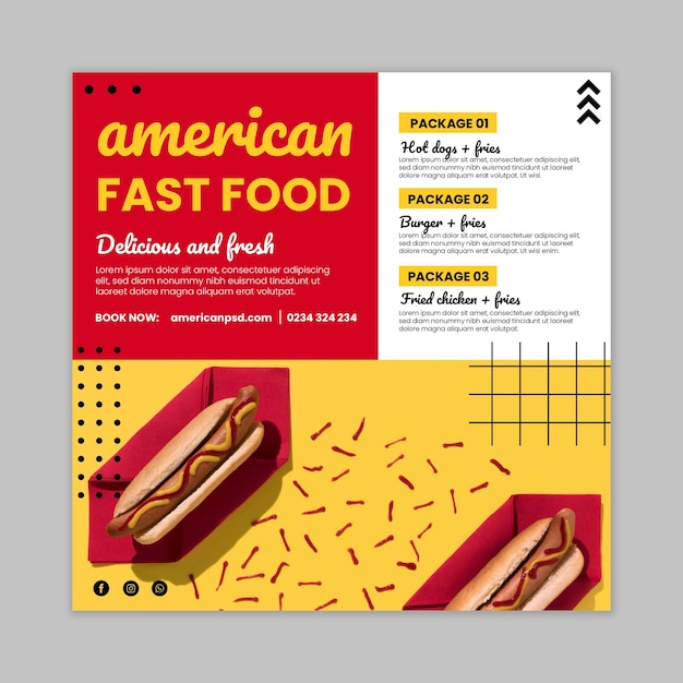 Folleto cuadrado de comida americana