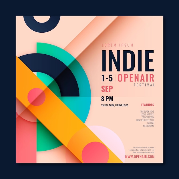 Folleto cuadrado del festival indie plano