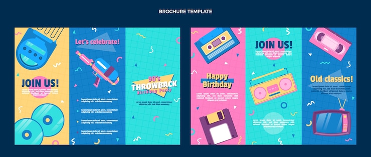 Vector gratuito folleto de cumpleaños nostálgico de los años 90 de diseño plano