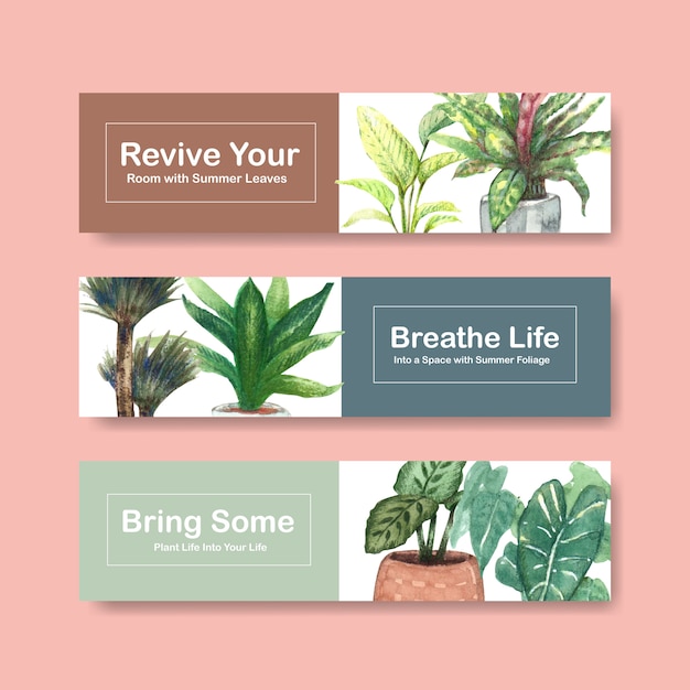 Folleto de diseño de plantilla de banner de plantas de verano, folleto, publicidad y folleto ilustración acuarela