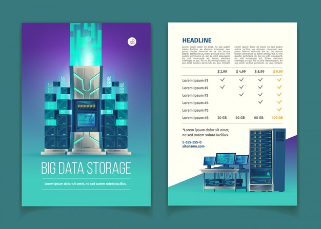 Folleto con equipo servidor para procesamiento y almacenamiento de datos, servicios en la nube, datab