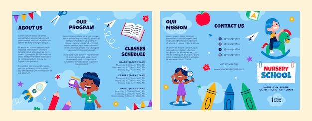 Folleto de escuela infantil de diseño plano