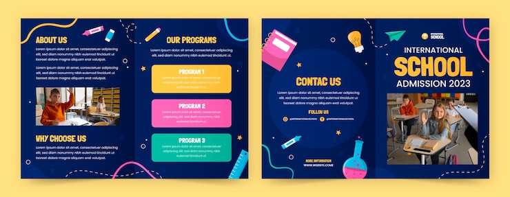 Vector gratuito folleto de la escuela internacional de diseño plano