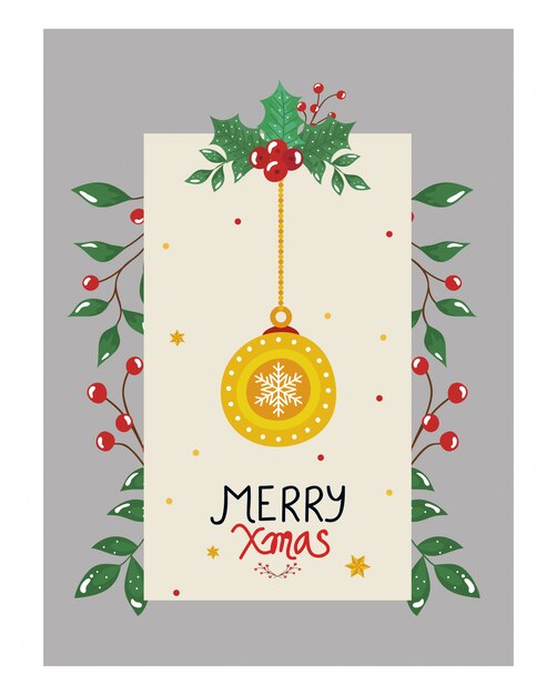 Folleto de feliz navidad con bolas colgantes y hojas decorativas