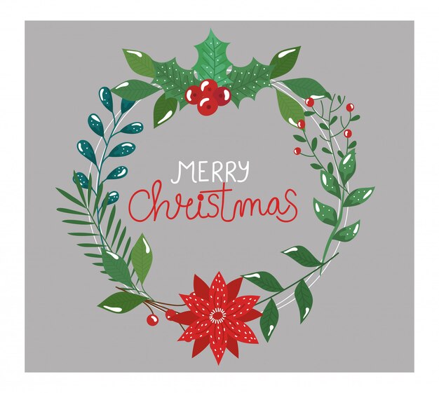 Folleto de feliz navidad con corona de hojas y flores