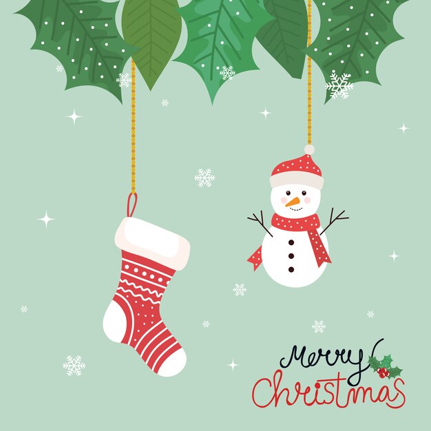 Folleto de feliz navidad con muñeco de nieve y calcetín colgando