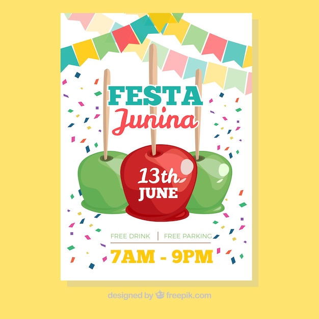 Vector gratuito folleto de festa junina con confeti y manzanas de caramelo