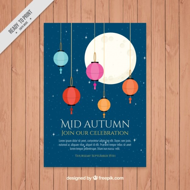 Vector gratuito folleto del festival de medio otoño con farolillos de colores