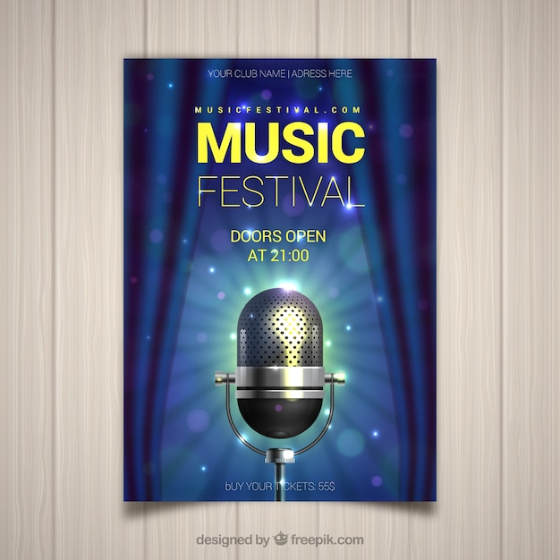 Vector gratuito folleto de festival de música con micrófono en estilo realista