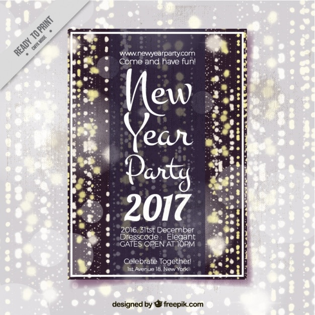 Vector gratuito folleto de fiesta de año nuevo 2017 con luces y efecto bokeh