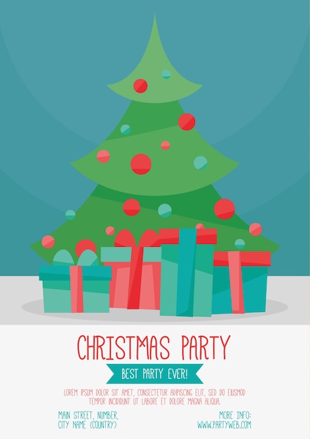 Vector gratuito folleto de fiesta con el árbol de navidad y regalos