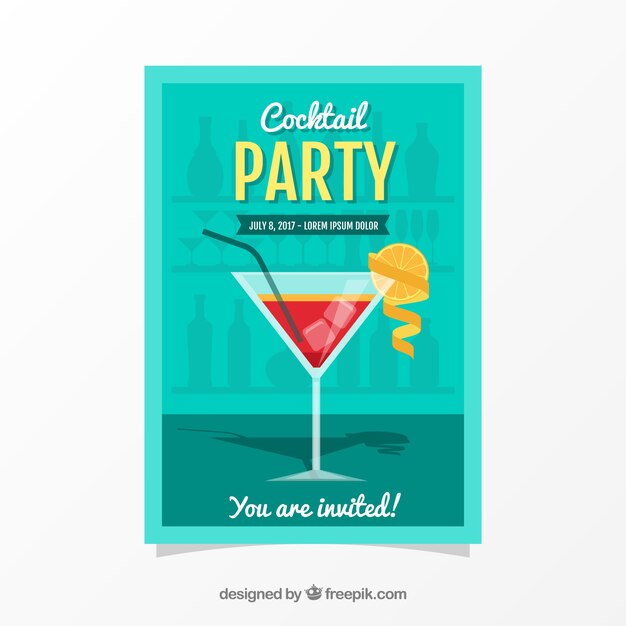 Folleto de fiesta con cóctel y naranja en diseño plano 