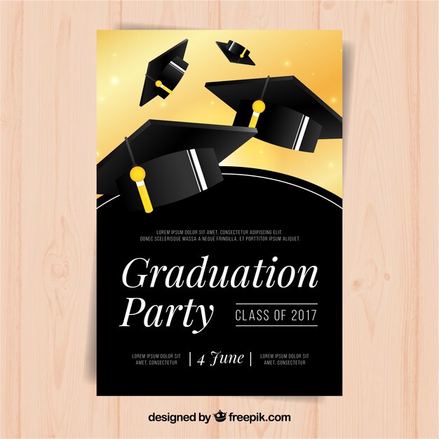 Folleto de fiesta elegante con gorros de graduación negros