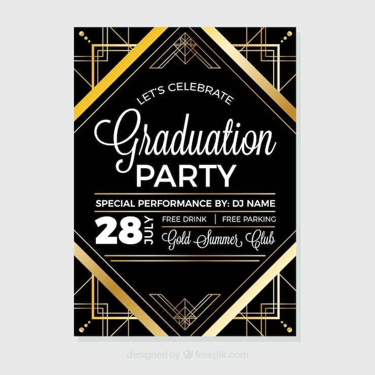 Vector gratuito folleto de fiesta de graduación dorado y negro con formas geométricas