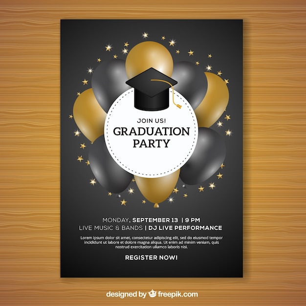 Vector gratuito folleto de fiesta de graduación con globos negros y dorados