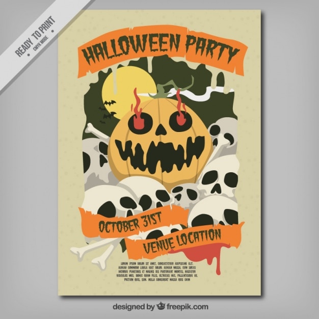 Vector gratuito folleto de fiesta de halloween con calaveras