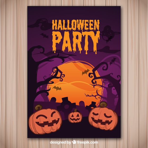 Folleto para una fiesta de halloween en tonos púrpura