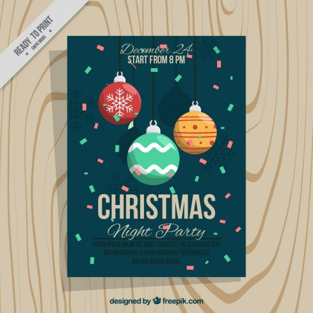 Vector gratuito folleto de fiesta de navidad con bolas y confeti