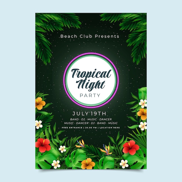 Vector gratuito folleto de fiesta de noche tropical realista