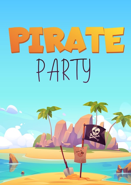Vector gratuito folleto de fiesta pirata para juegos de aventuras para niños o fiesta de disfraces.