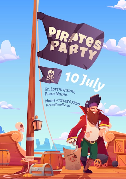 Folleto de fiesta de piratas, invitación para juego o evento de aventura.