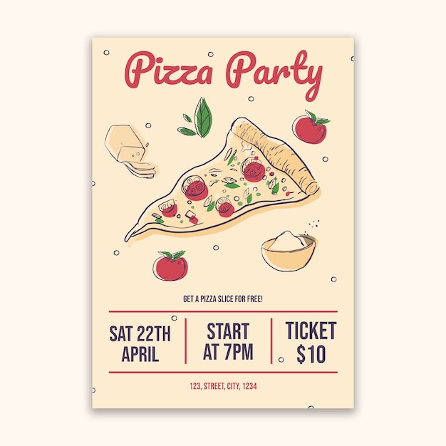 Folleto de fiesta de pizza dibujado a mano