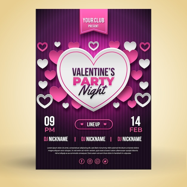 Vector gratuito folleto de fiesta plana de san valentín plantilla