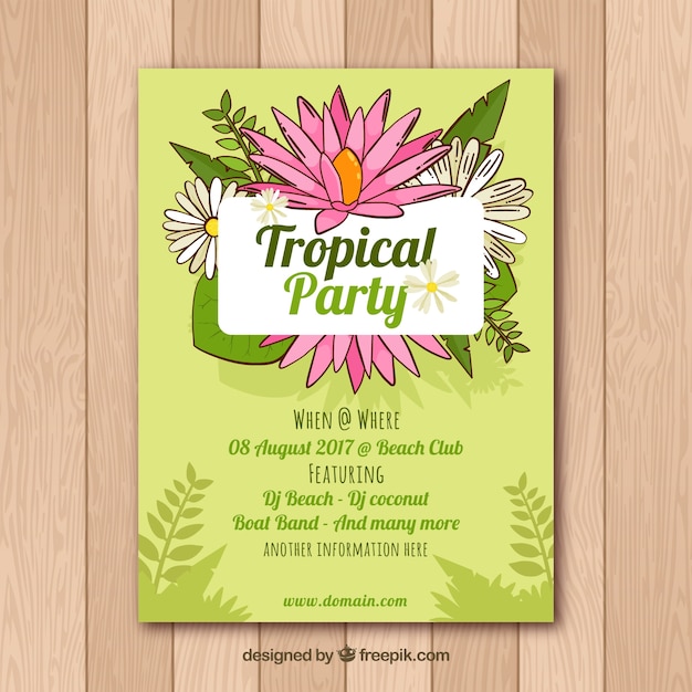 Vector gratuito folleto de fiesta tropical con flores dibujadas a mano