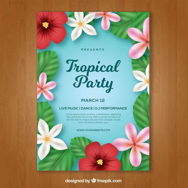 Folleto de fiesta tropical con flores 