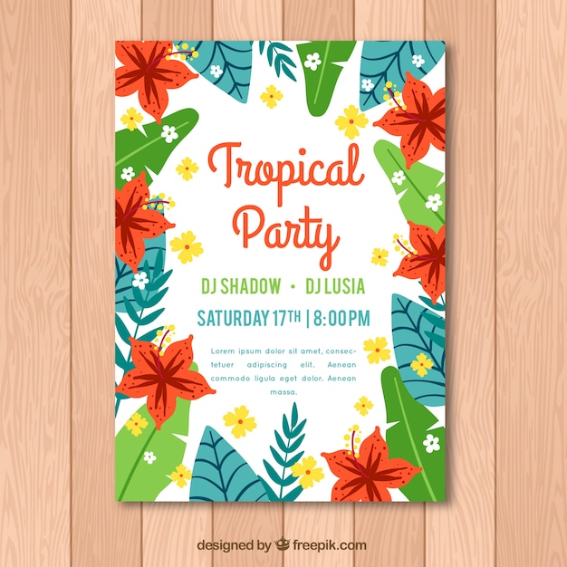 Folleto de fiesta tropical con hojas y flores