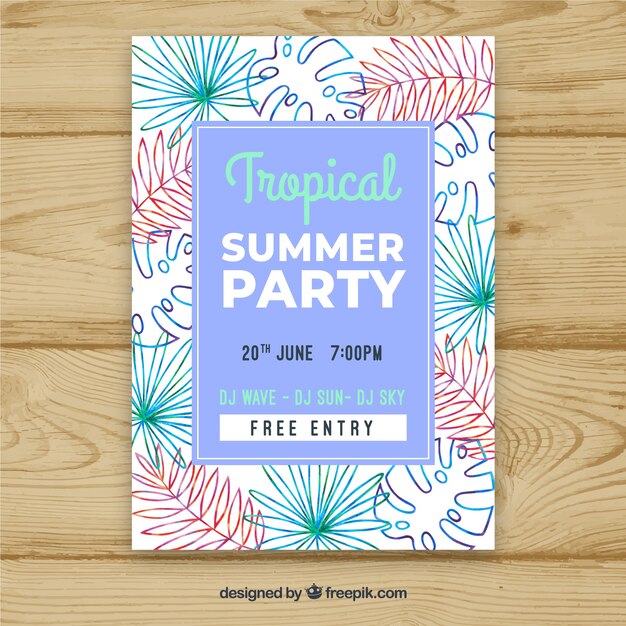 Vector gratuito folleto de fiesta de verano con hojas diferentes