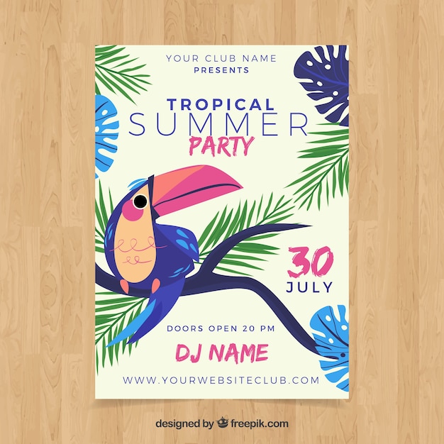 Vector gratuito folleto de fiesta de verano con pájaro tropical