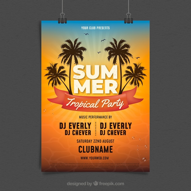 Vector gratuito folleto de fiesta de verano con palmeras