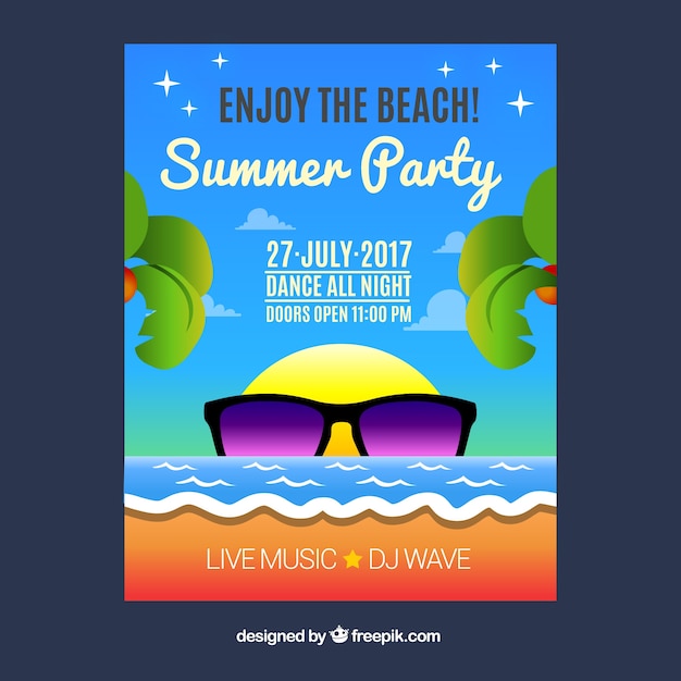 Vector gratuito folleto de fiesta de verano de sol con gafas