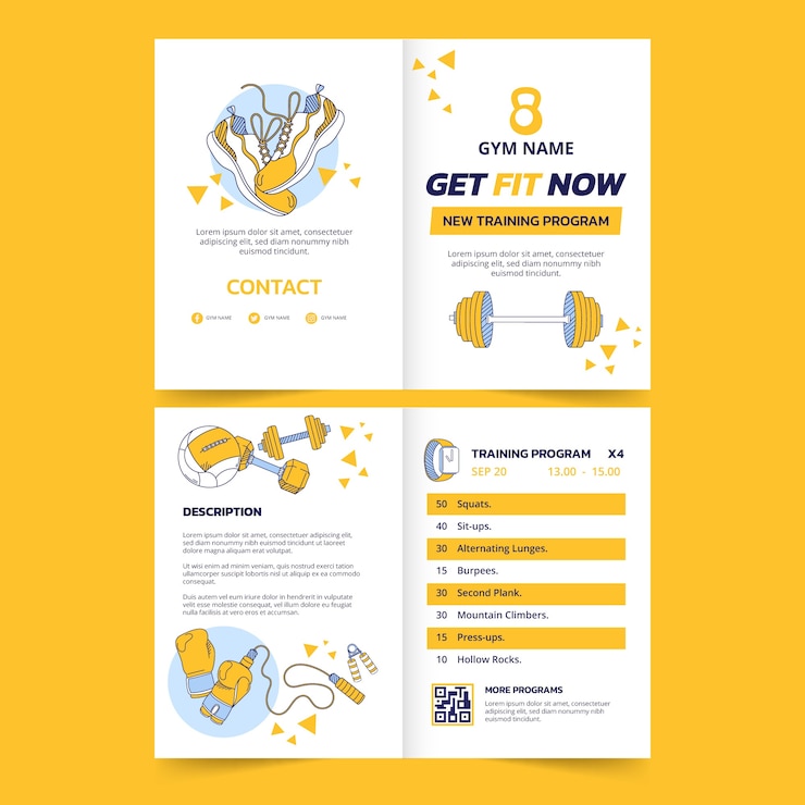 Vector gratuito folleto de fitness de gimnasio dibujado a mano