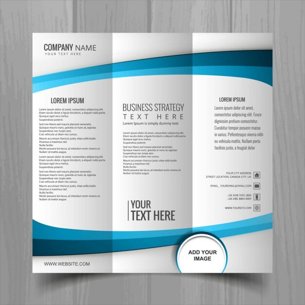 Folleto con formas onduladas azules, tres secciones