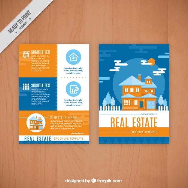 Vector gratuito folleto de inmobiliaria en color azul y naranja