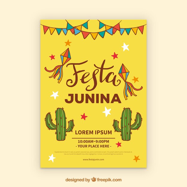 Folleto de invitación de fiesta junina con cactus y elementos 