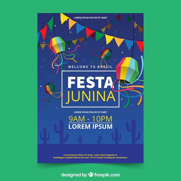 Folleto de invitación de fiesta junina con campo en la noche