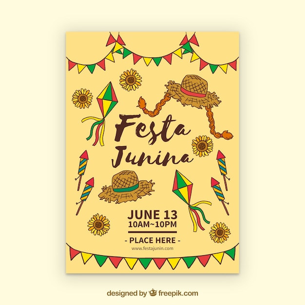 Vector gratuito folleto de invitación de fiesta junina con elementos de fiesta